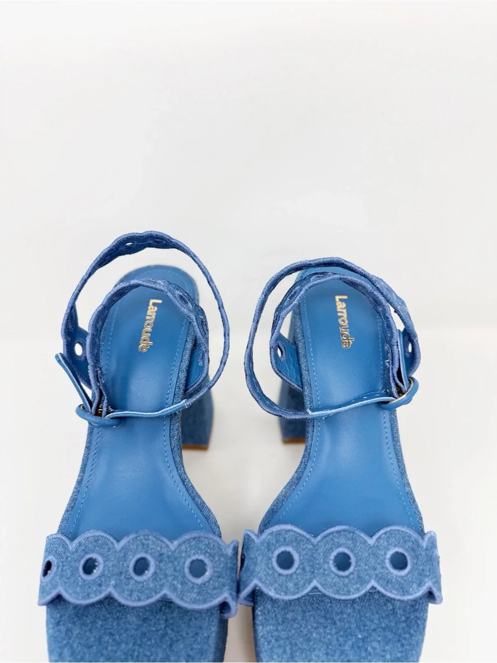 New Larroude Dolly Broderie Sandal In Blue Stoned Denim Sz 9.5
